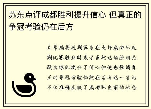 苏东点评成都胜利提升信心 但真正的争冠考验仍在后方