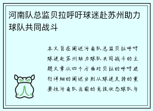 河南队总监贝拉呼吁球迷赴苏州助力球队共同战斗